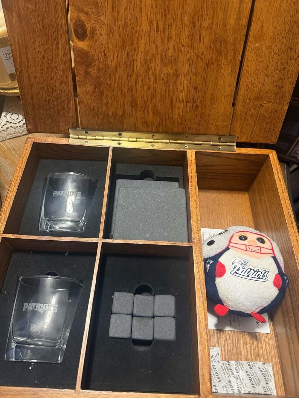 NFL New England Patriots Whiskey Box Gift Set with Oak Chest, Etched Glasses, an